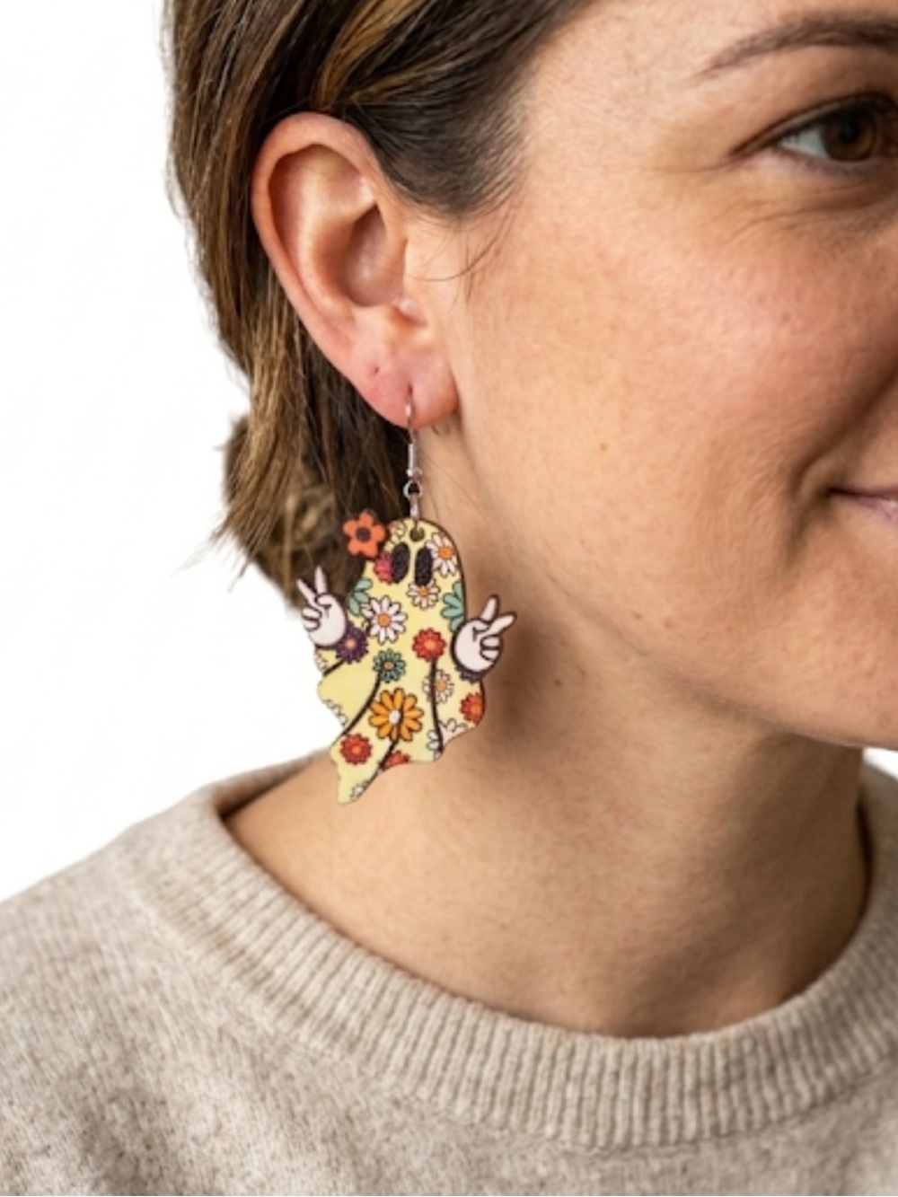 NWT Retro Floral Ghost Peace Sign Dangle Earrings Double-sided
C4